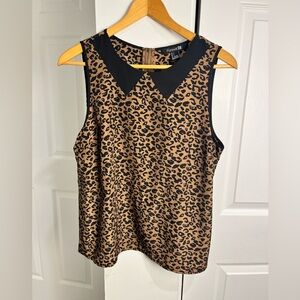 Forever21 Brown & Black Animal Print Top Womens L Contrast Collar Career Casual